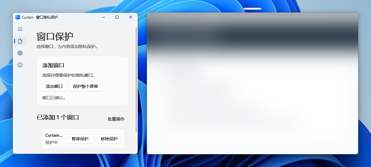 Curtain 主窗口与受到磨砂遮罩保护的虚构演示窗口
